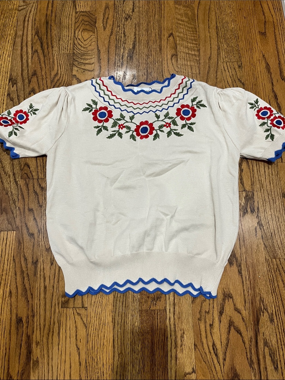 Women’s Oxknit Apricot Folk Embroidered Retro Style Knit Top Shirt